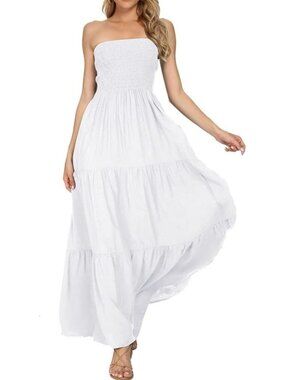 Women's White Summer Stylish Tube Top Off Shoulder Boho Beach Long Maxi Dress